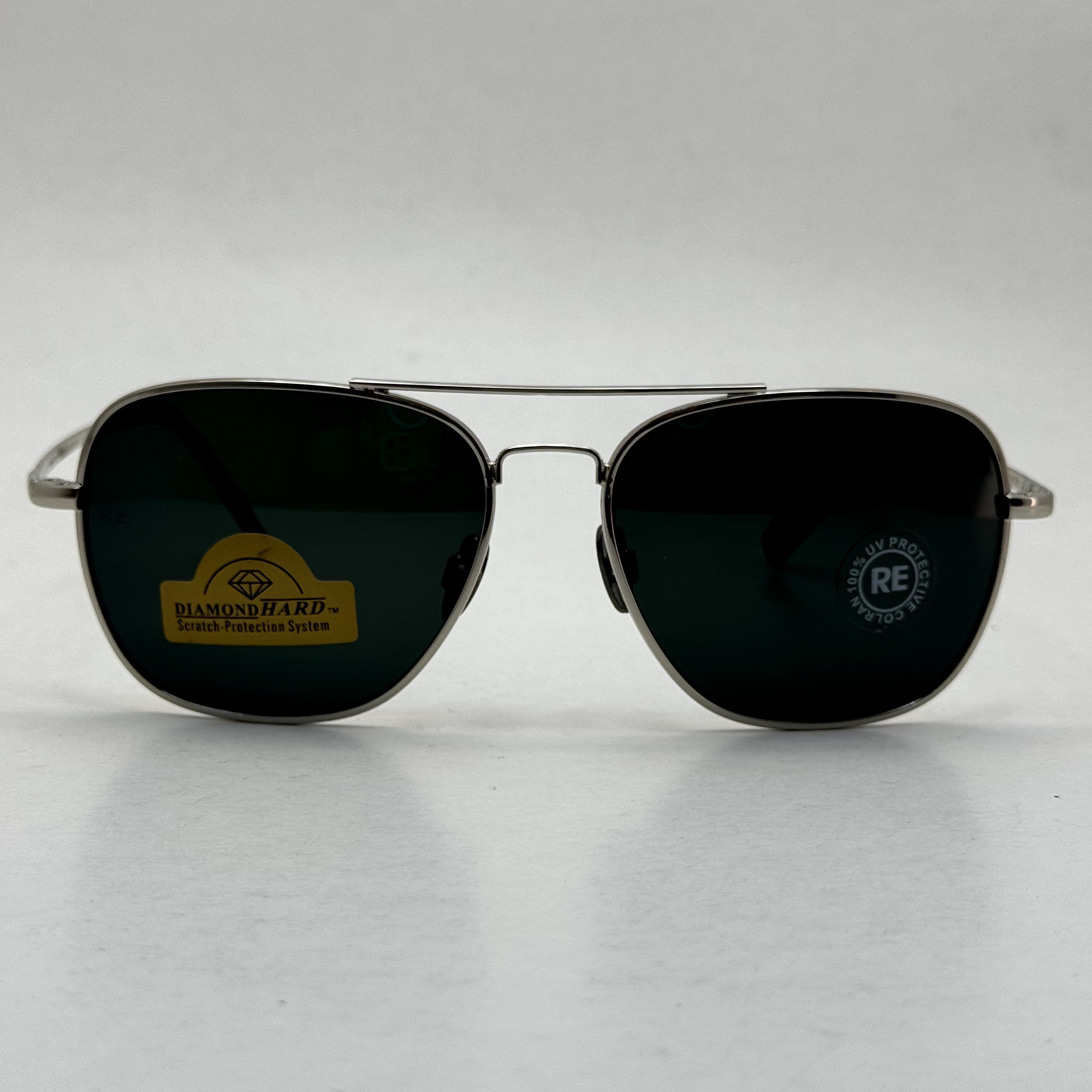 عینک آفتابی خلبانی رندولف شیشه سنگ آنتی رفلکس مشکی فریم نقره ای فول پک RANDOLPH AVIATOR RE 58 WHITE GOLD