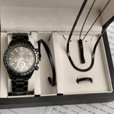 ست ساعت مردانه کاسیو casio مشکی با دستبند بنگل و گردنبند و حلقه