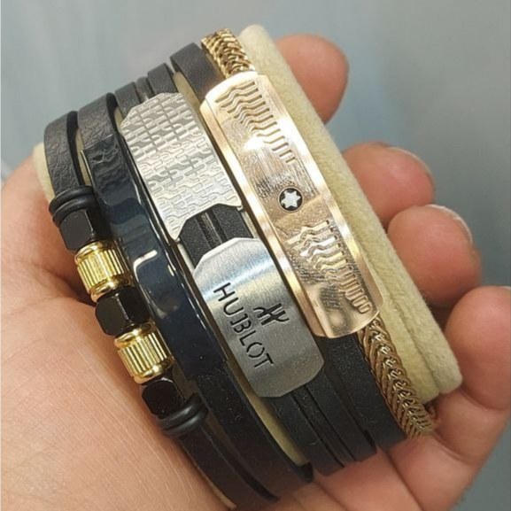 دستبند چرمی قفل و پلاک استیل مردانه طرح رولکس Rolex کیفیت چرم عالی تنوع طرح رنگ ثابت کد bn (پس کرایه)