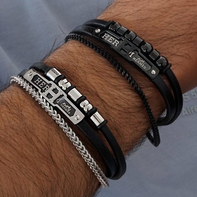 دستبند بند چرمی قفل استیل هرمس Hermes سه لاین در تنوع طرح کیفیت چرم عالی رنگ ثابت کد mp