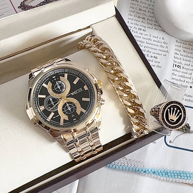 ست کامل مردانه طلایی ساعت مارک والار بهمراه دستبند و انگشتر ارسال رایگان
