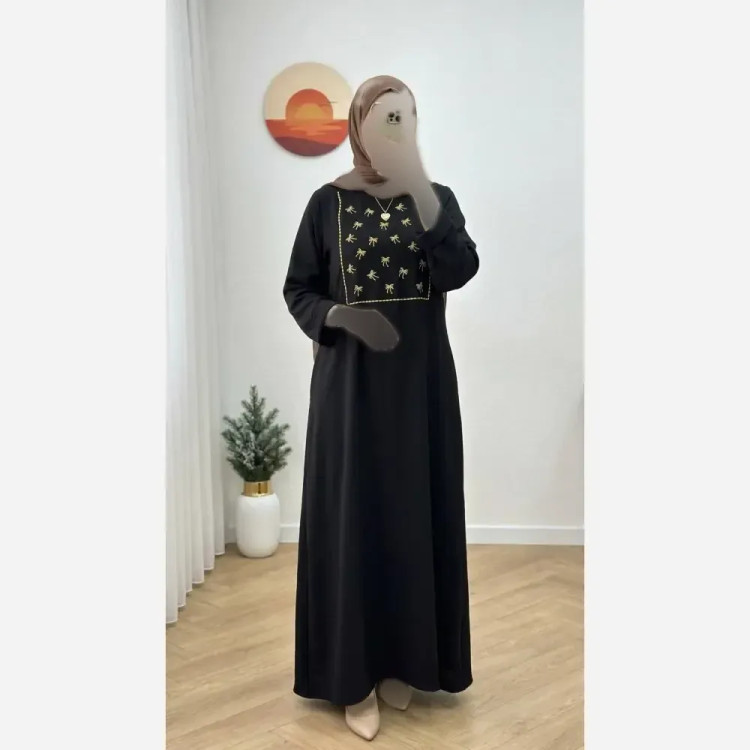 کفتان زنانه گلدوزی شده جنس شانتون رنگ مشکی فری سایز (3)