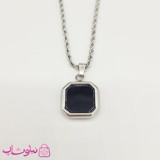 گردنبند سنگ اونیکس مشکی با زنجیر طنابی نقره ای کد 390