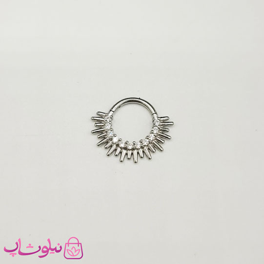 پیرسینگ دیث گوش یا سپتوم بینی مدل خورشید نقره ای رنگ فول استیل نگیندار کد 369