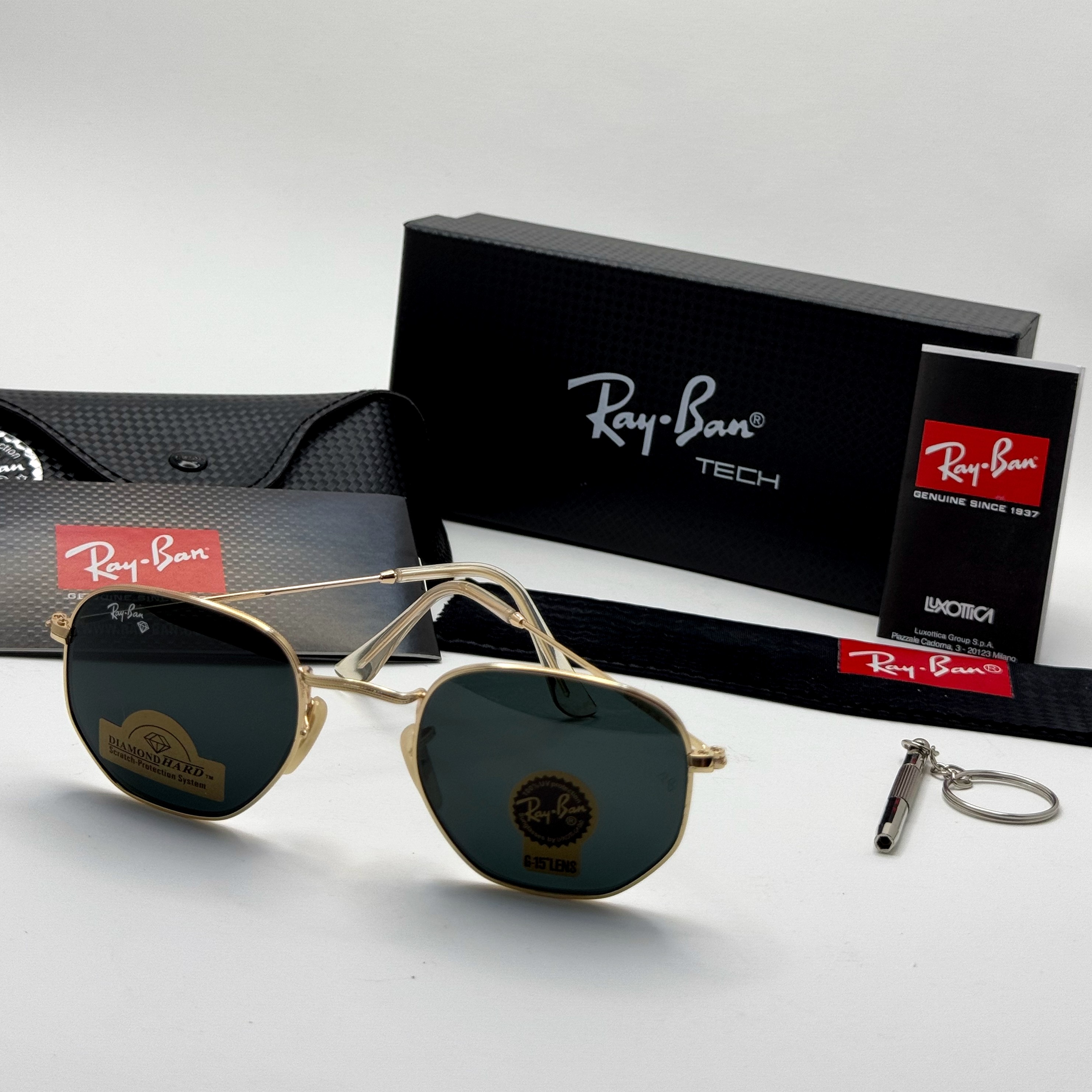 عینک ریبن هگزونال شیشه سنگ مشکی فریم طلایی به همراه پک کامل ریبن کد Rayban RB 3548 (ارسال رایگان)