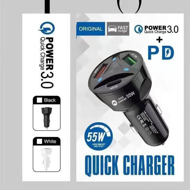 شارژر فندکی 55 وات ماشین 3 خروجی همزمان ، فست شارژ یک خروجی PD و دو خروجی USB پک دار شرکتی کیفیت بالا ایکس