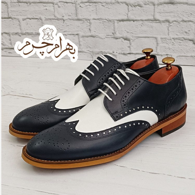 کفش مردانه رسمی چرم طبیعی مدل ویلسون سرمه ای سفید