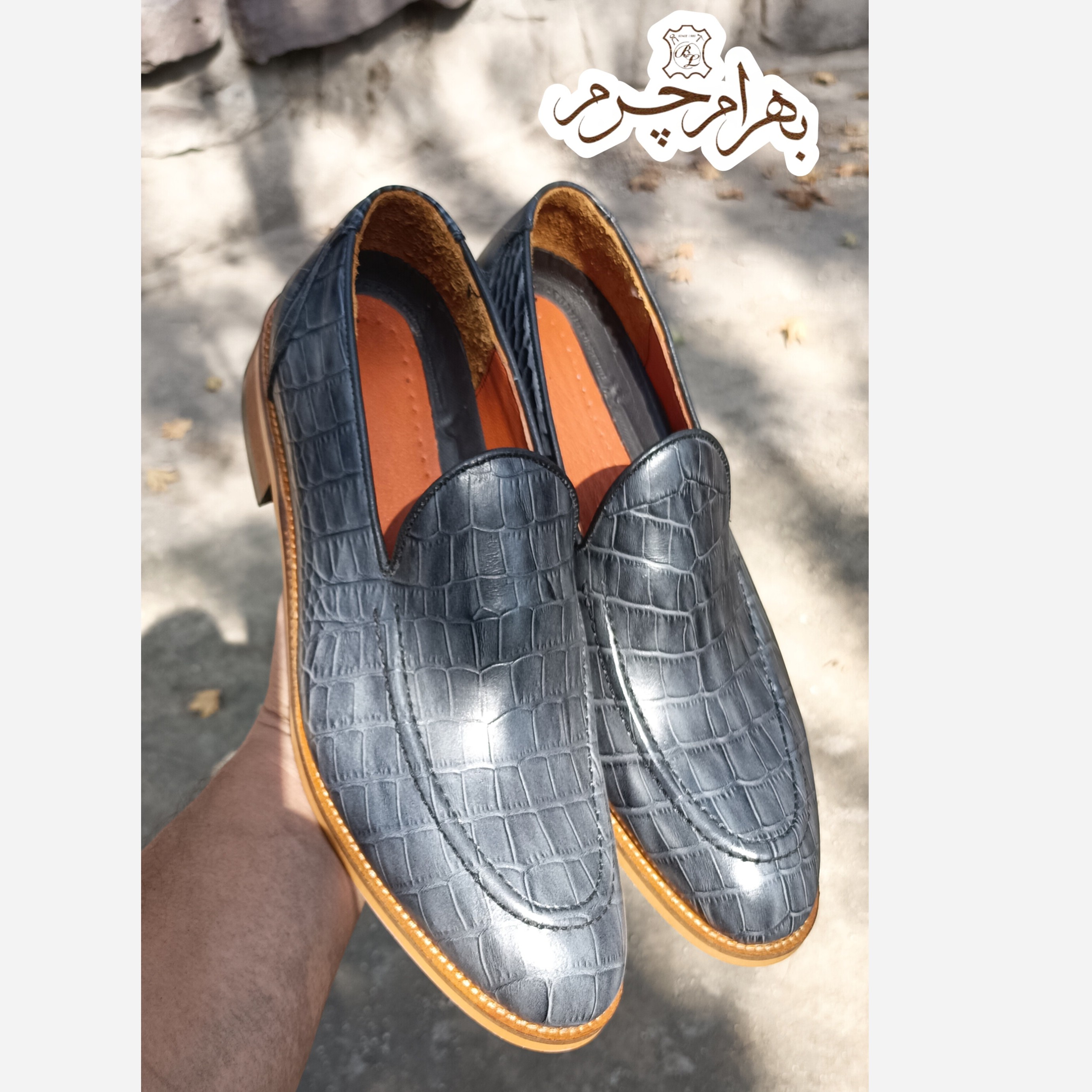 کفش مردانه کالج چرم طبیعی دست دوز کاپری کروکودیلی طوسی