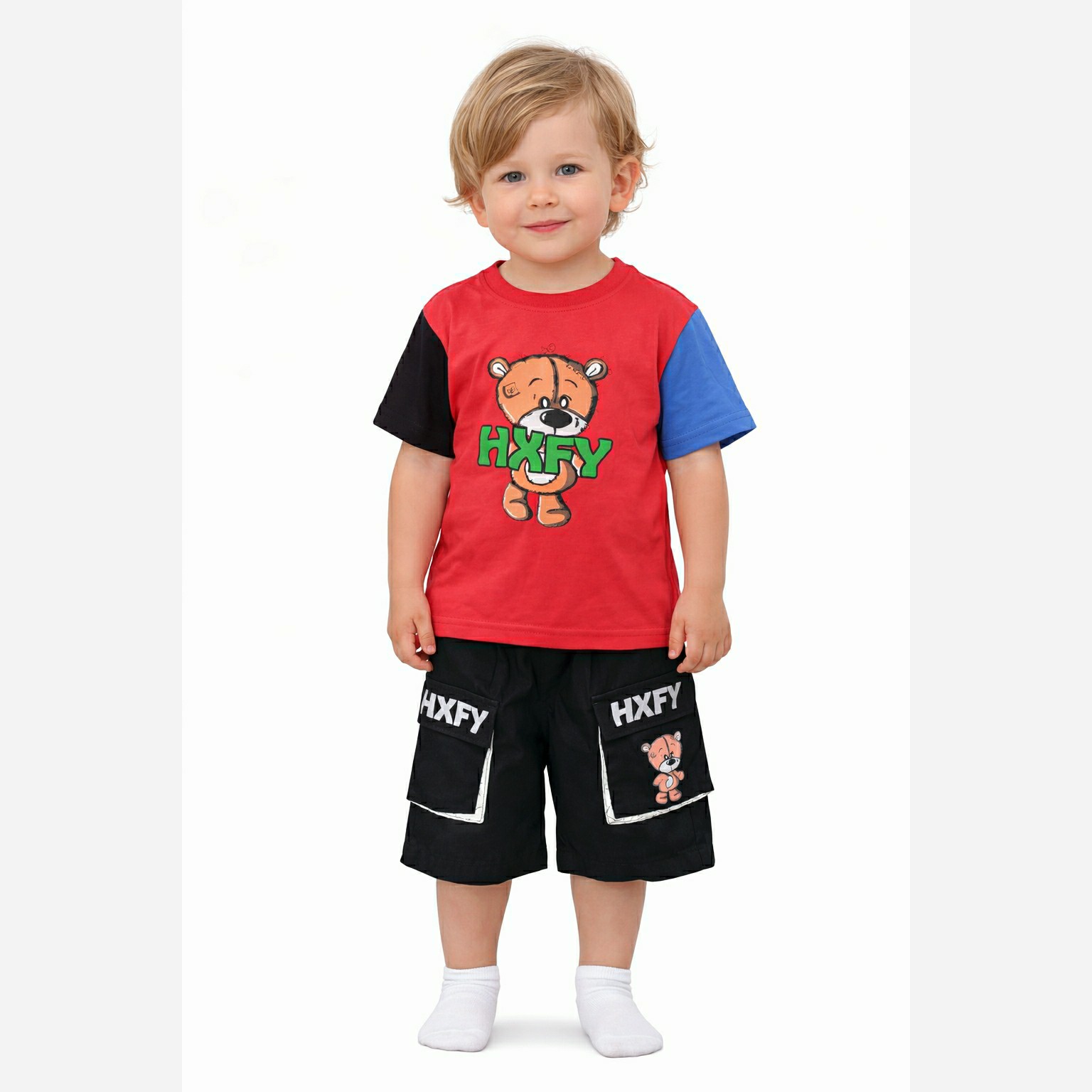 بلوز و شلوارک بچه گانه خرس HXFY بلوز رنگی و شلوارک مشکی سایز 40و45و50 ست لباس بچه گانه بلوز و شلوارک بچه گانه