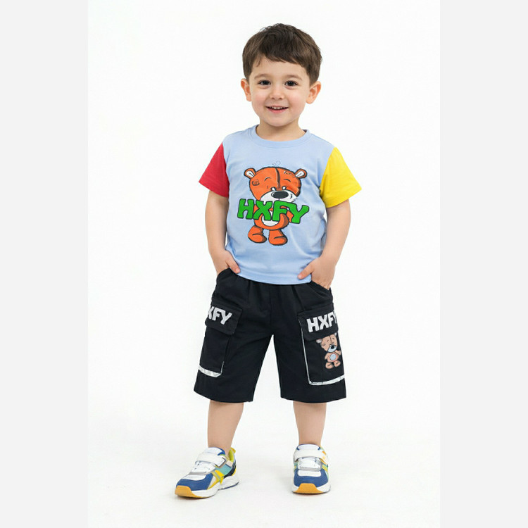 بلوز و شلوارک بچه گانه خرس HXFY بلوز رنگی و شلوارک مشکی سایز 40و45و50 ست لباس بچه گانه بلوز و شلوارک بچه گانه