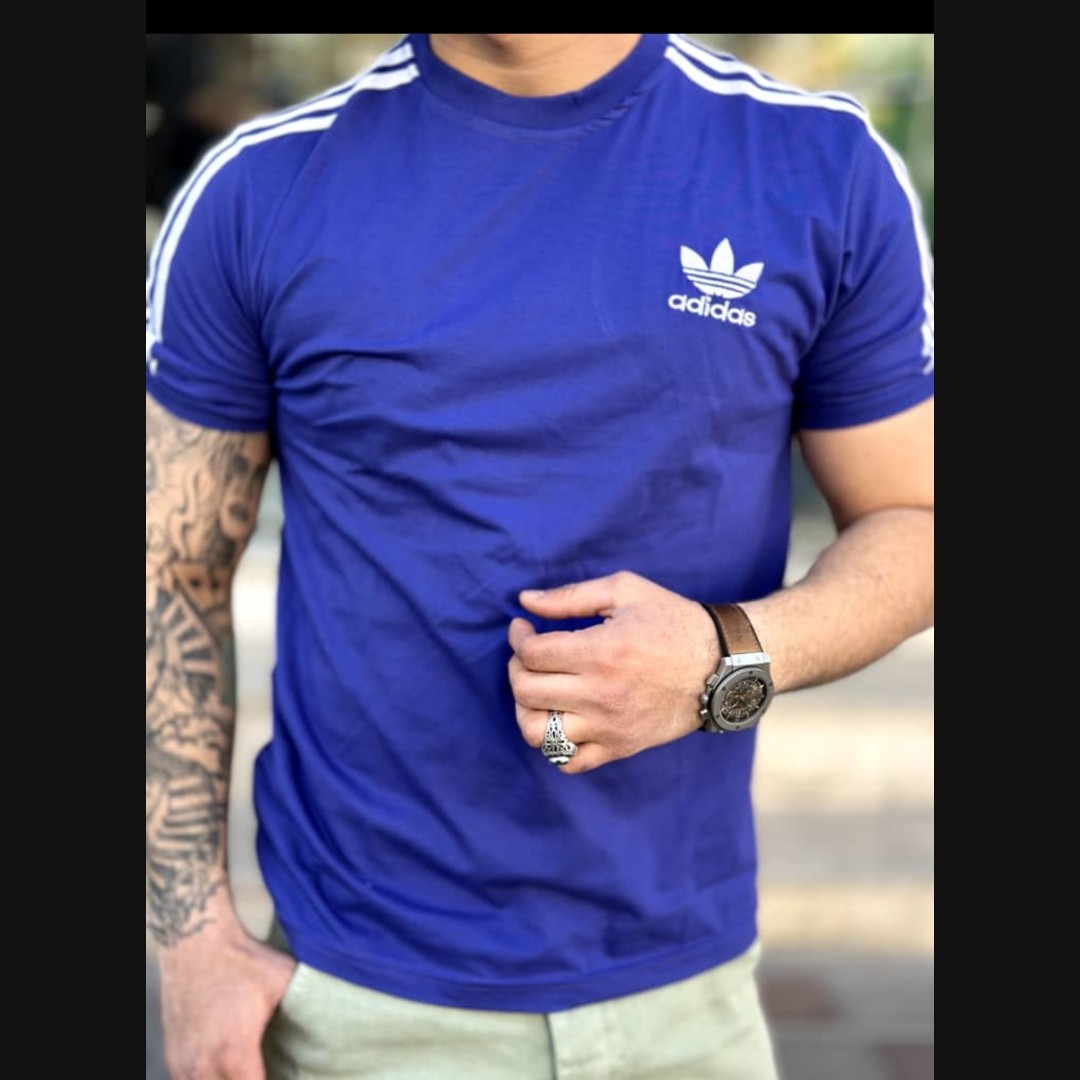 تیشرت مردانه سه خط آدیداس نخ پنبه رنگبندی مشکی توسی و آبی سایز مدیوم تا 2XL تیشرت پسرانه