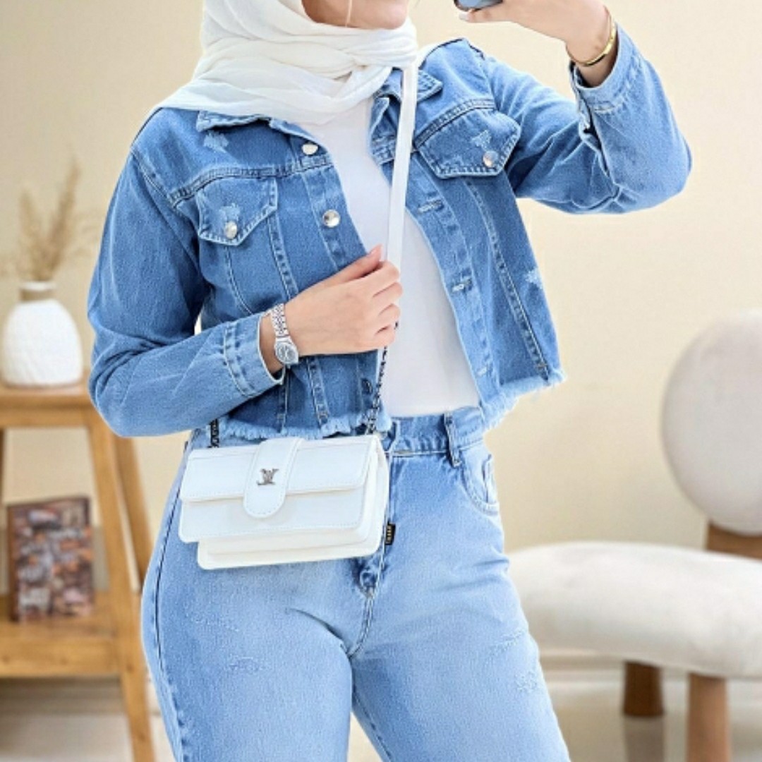 شومیز کراپ جین پارچه ترک کت کراپ جین رنگبندی آبی تیره و زغالی سایز فری تا 48 کت کراپ جین