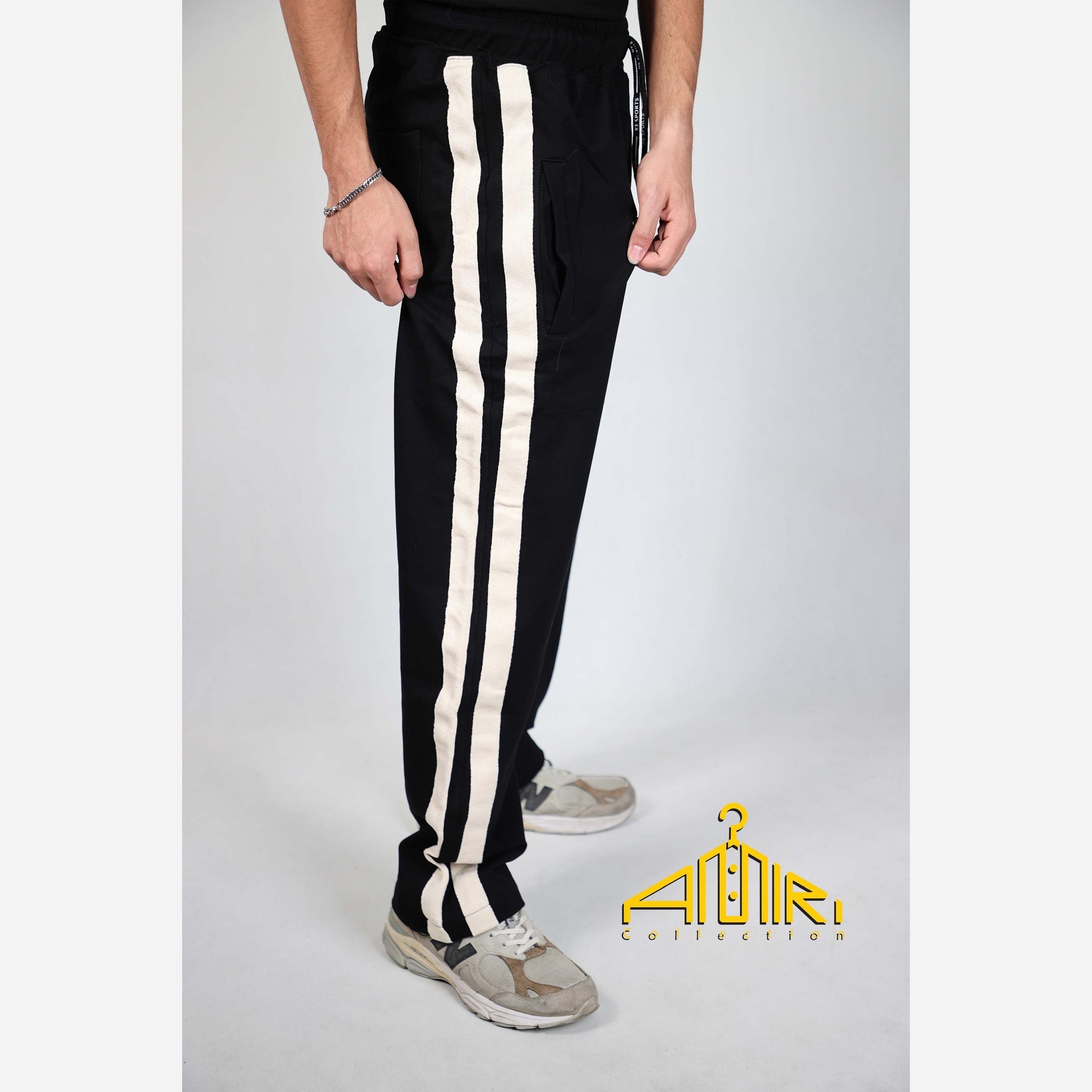 شلوار مردانه بغل دو نوار سفید شلوار جنس نخ پنبه اعلا مردانه سایز XL تا 3XL شلوار دو خط سفید مردانه
