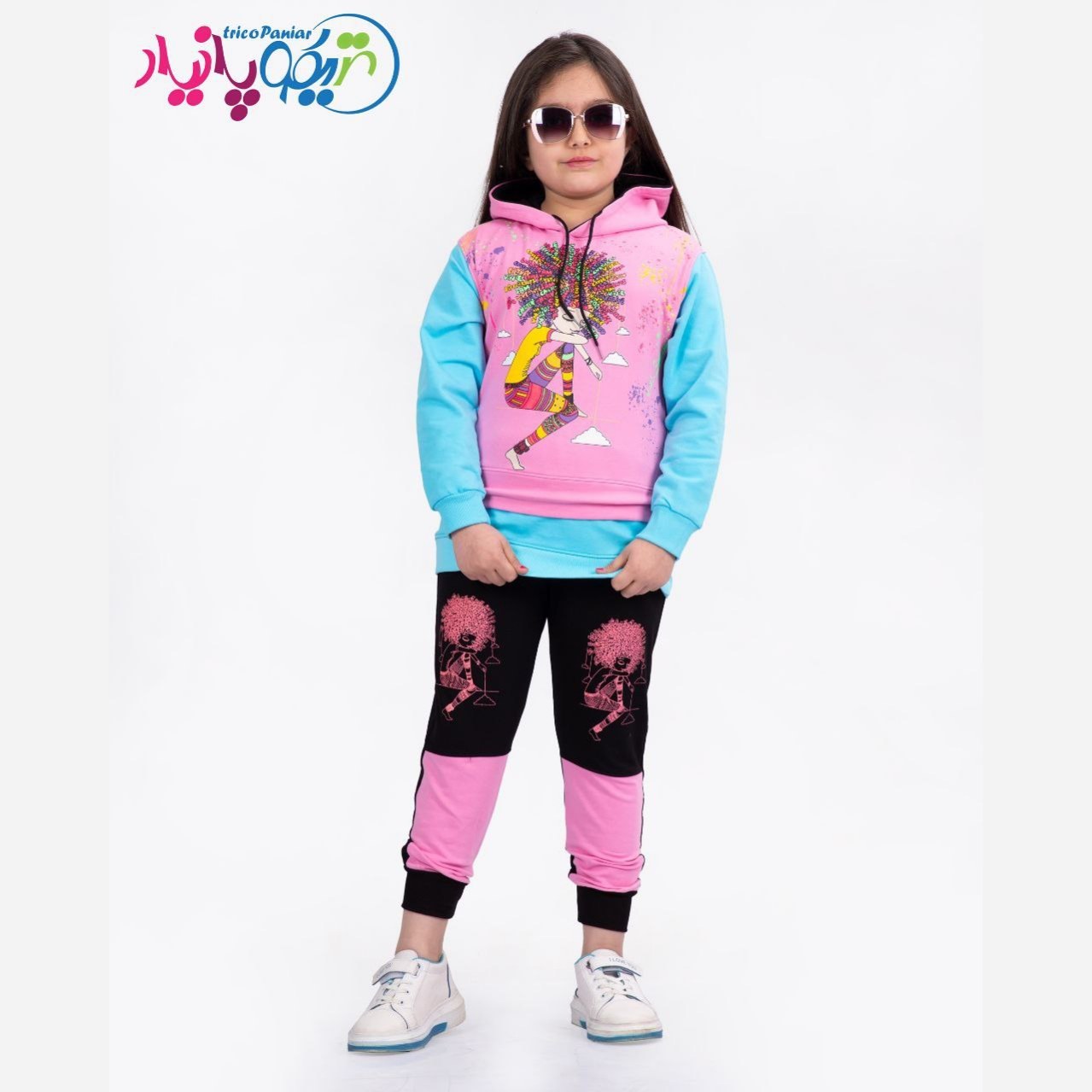 ست هودی وشلوار دختر مو فرفری جنس نخ پنبه سایز 45 تا 55 هودی وشلوار دخترانه ست دخترانه رنگبندی دو رنگ خردلی و صورتی وآبی