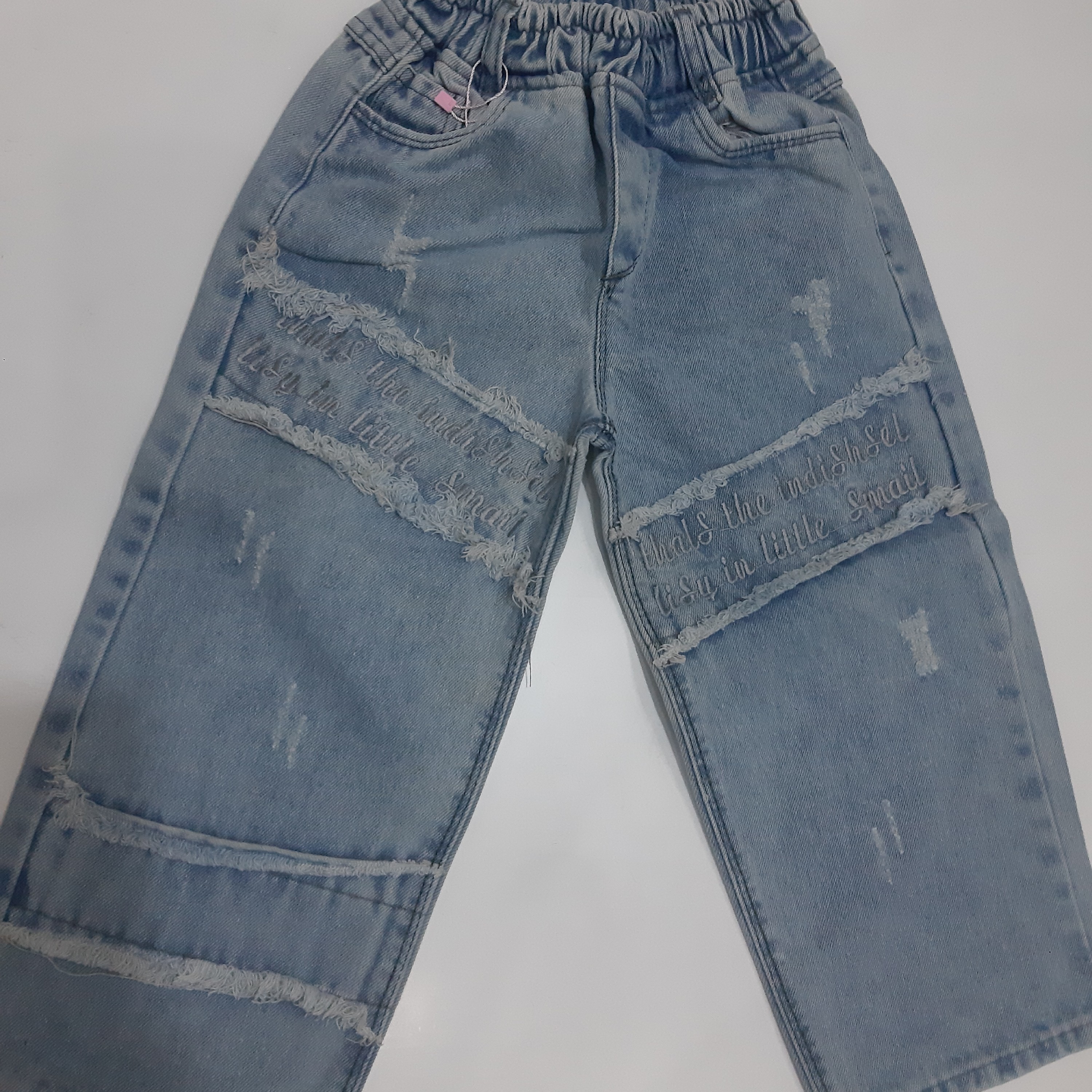 شلوار بگ آبی روشن دخترانه سایز 60تا 100 جنس جین لی گرم بالا شلوار بگ دخترانه تیکه دوزی شده شلوار لی بگ دخترانه