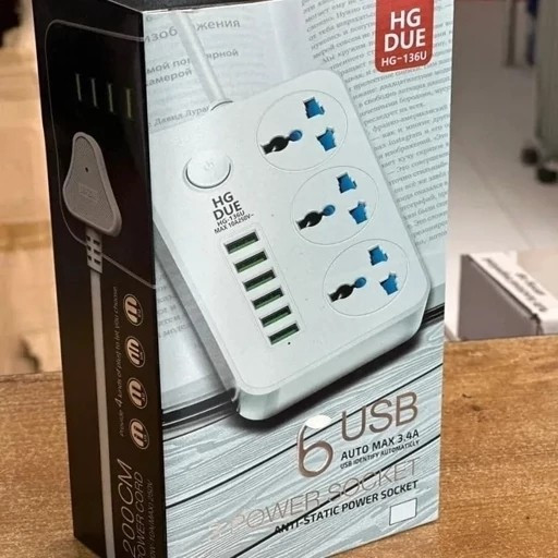 سه راهی و محافظ شوک الکتریکی HG 136U با 6 ورودی USB و 3 پریز برق اصلی
