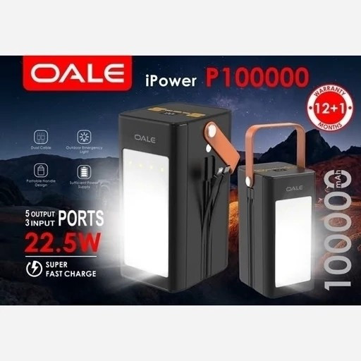 پاوربانک 100 هزار میلی آمپر ساعت OALE فست شارژ 22W اصلی دارای چراغ قوه و کابل سرخود کیفیت عالی