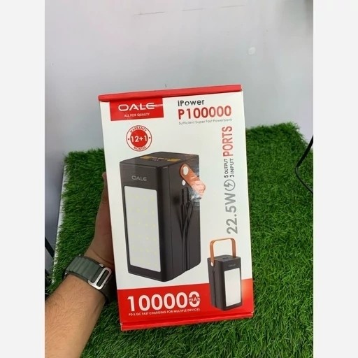 پاوربانک 100000 OALE فست شارژ 22W اصلی دارای چراغ قوه و کابل سرخود قیمت عالی