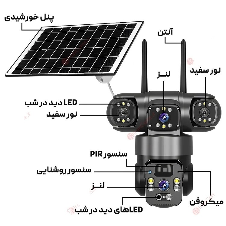 دوربین بی سیم سیمکارت خور خورشیدی 8 مگاپیکسل 2 لنز3 تصویر V380 مدل P15 اصلی قیمت عالی
