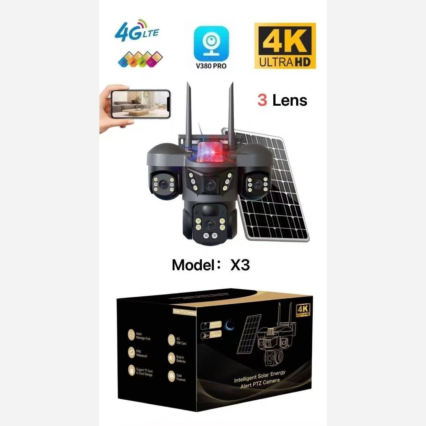 دوربین سیمکارت خور بی سیم 3 لنز v380 pro مدل X3 رم خور قیمت عالی