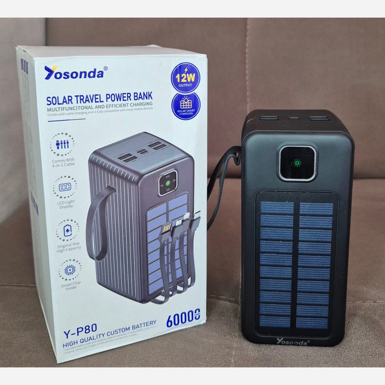 پاوربانک YOSONDA فست شارژ خورشیدی 60000mAh با 6 درگاه ورودی و خروجی و 4 کابل توان 22W