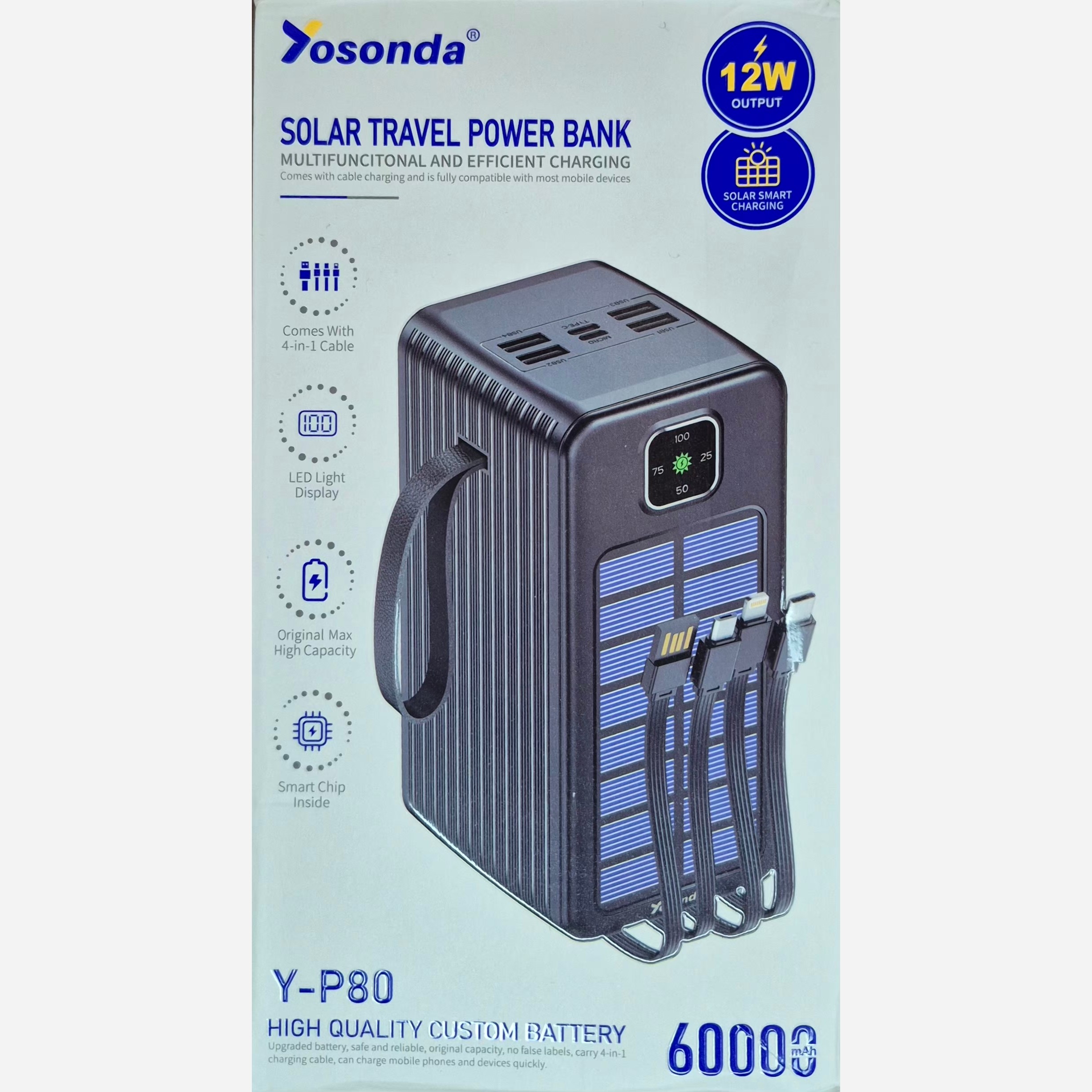 پاوربانک YOSONDA فست شارژ خورشیدی 60000mAh با 6 درگاه ورودی و خروجی و 4 کابل توان 22W