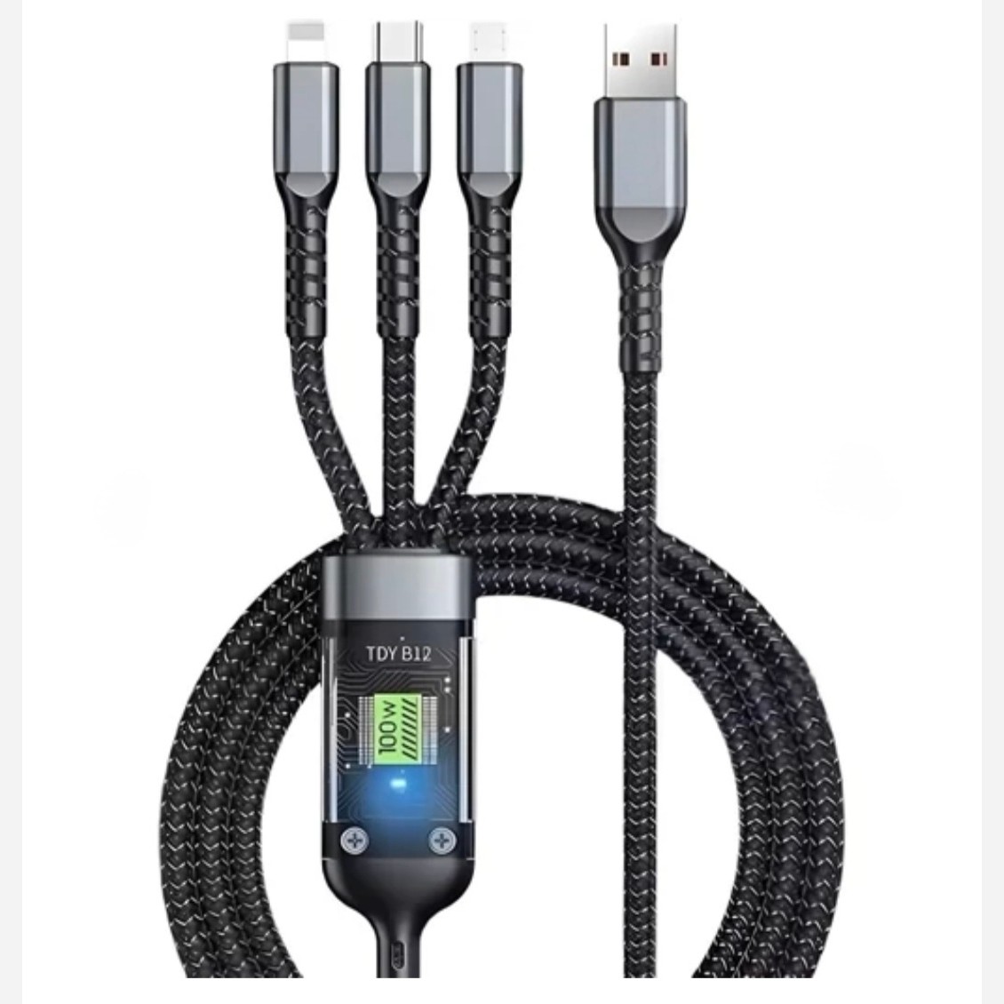 کابل شارژ فست سه کاره 100W تایپ سی C و آیفون و میکرو چراغ دار TYPE C IPHON MICRO