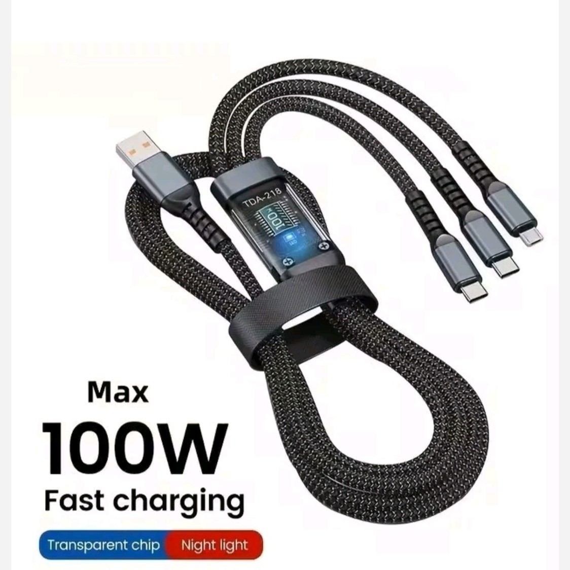 کابل شارژ فست سه کاره 100W تایپ سی C و آیفون و میکرو چراغ دار TYPE C IPHON MICRO