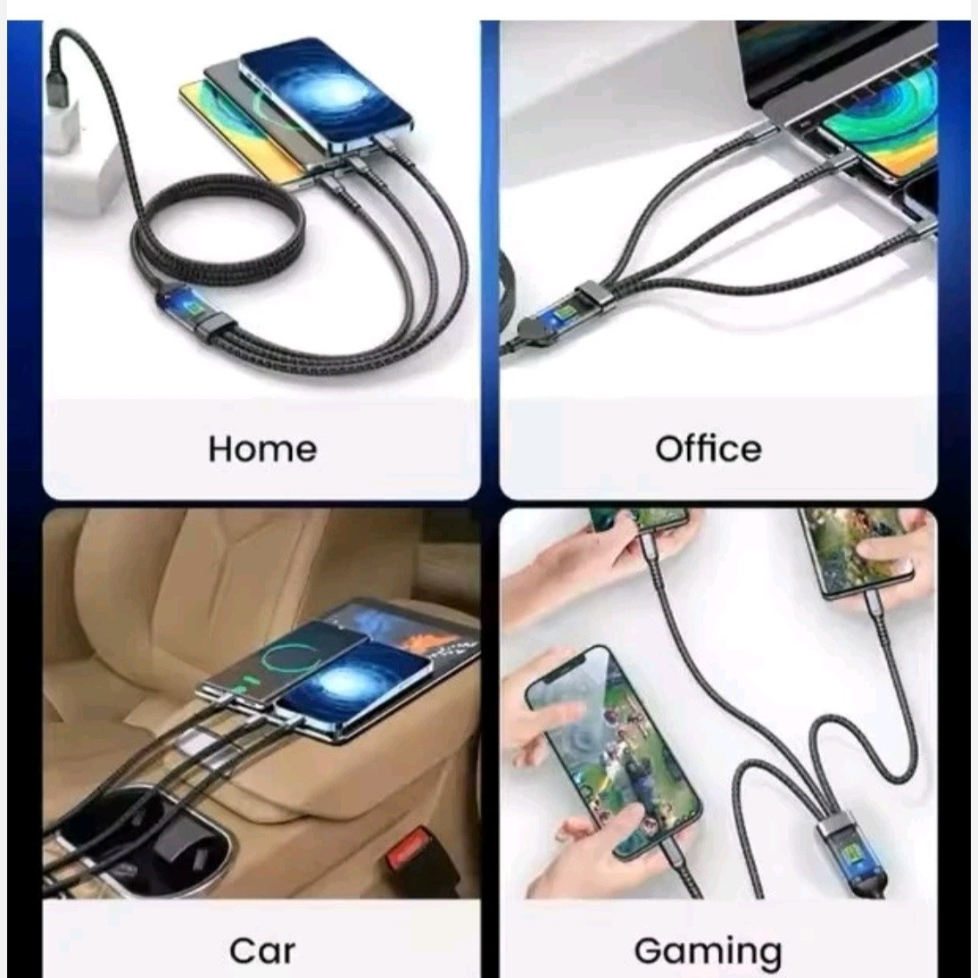 کابل شارژ فست سه کاره 100W تایپ سی C و آیفون و میکرو چراغ دار TYPE C IPHON MICRO