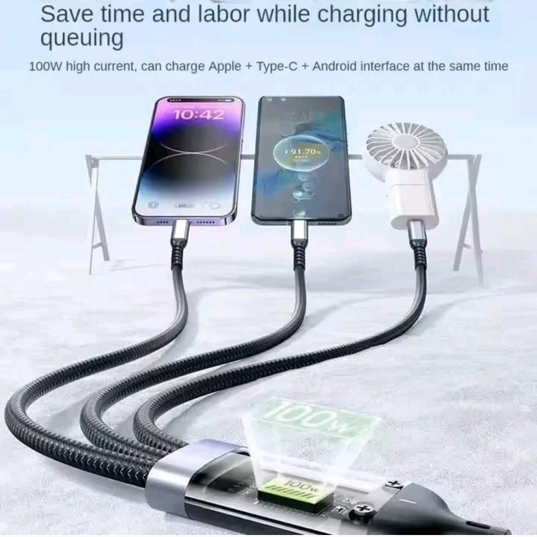 کابل شارژ فست سه کاره 100W تایپ سی C و آیفون و میکرو چراغ دار TYPE C IPHON MICRO
