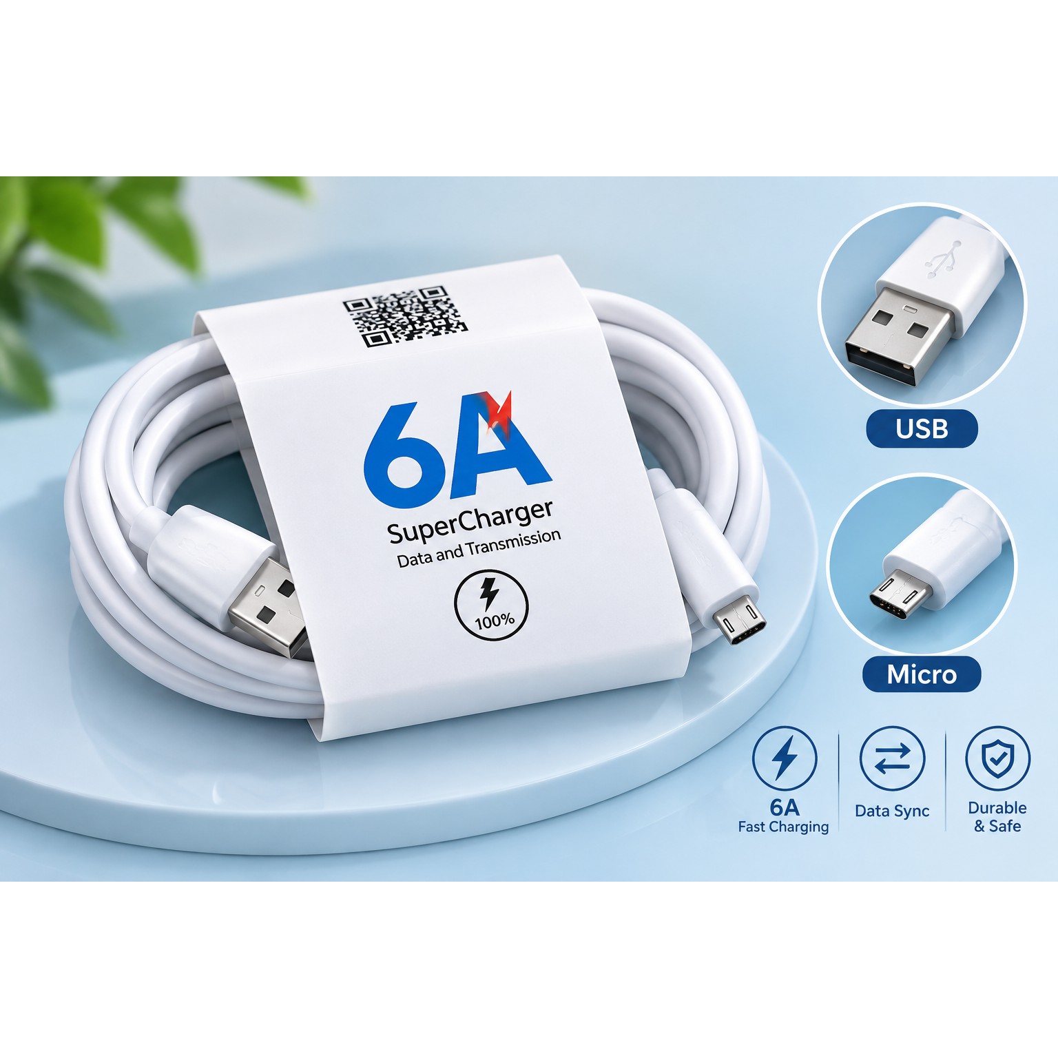 کابل شارز USB به MICRO با شدت جریان 6 آمپر سفید یک متری