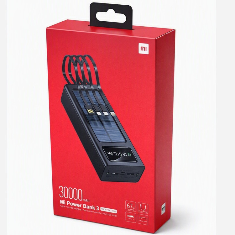 پاوربانک خورشیدی mi با ظرفیت اسمی 30000mAh با انواع خروجی و ورودی چراغدار