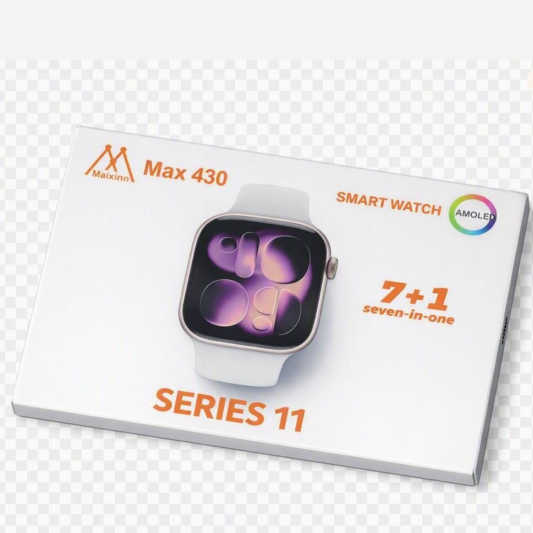 ساعت هوشمند MAIXINN MAX 430 سری 11 دارای صفحه AMOLED با هفت بند سیلیکونی تمام صفحه 46 میلیمتری همراه ایرپاد i18