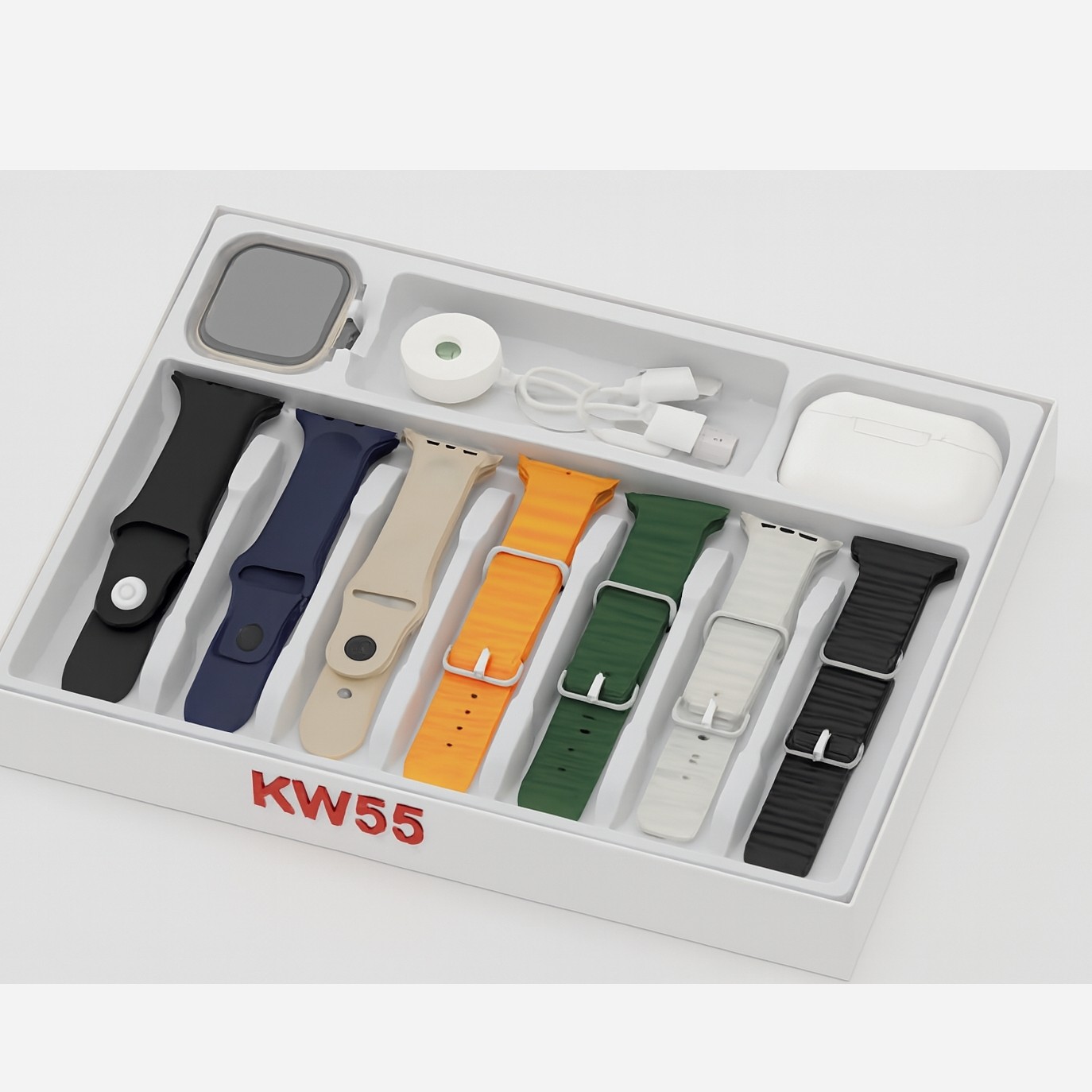 ساعت هوشمند KW55 MAX دارای ایرپاد و هفت بند سیلیکونی رنگارنگ رنگ ساعت مشکی