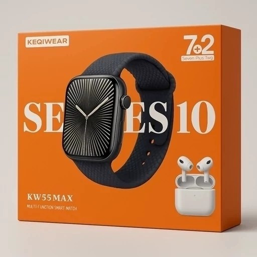 ساعت هوشمند KW55 MAX دارای ایرپاد و هفت بند سیلیکونی رنگارنگ رنگ ساعت مشکی