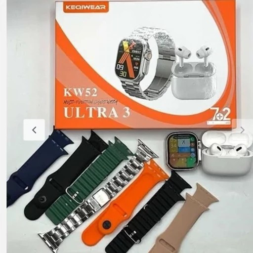 ساعت هوشمند با بند فلزی مدل kw52 ultra کلا 7 بند و ایرپاد