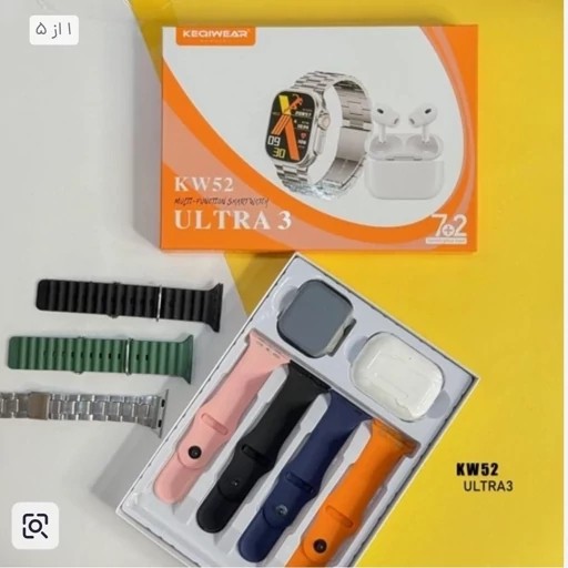 ساعت هوشمند با بند فلزی مدل kw52 ultra کلا 7 بند و ایرپاد
