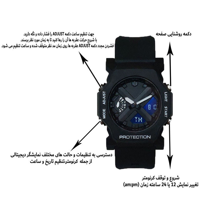 ساعت مچی عقربهای کوارتز مردانه مدل ایکس دو زمانه کرنومتر دار موتور برقی کد GA2300