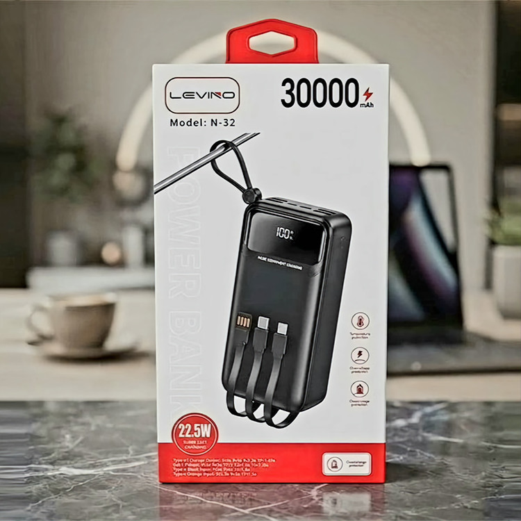 پاوربانک غول LEVINO 30000mAl اصلی 22/5 فست 4/5 آمپر کمپینگ شرکتی 8 خروجی