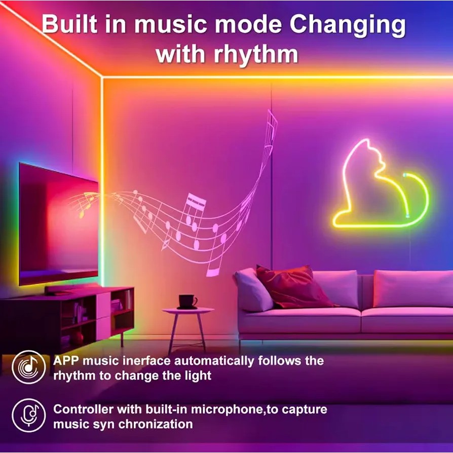 ریسه نئون فلکسی هوشمند 5 متری RGB-IC مدل USB موزیکال همراه با کنترل