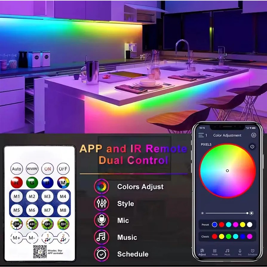 ریسه نئون فلکسی هوشمند 5 متری RGB-IC مدل USB موزیکال همراه با کنترل