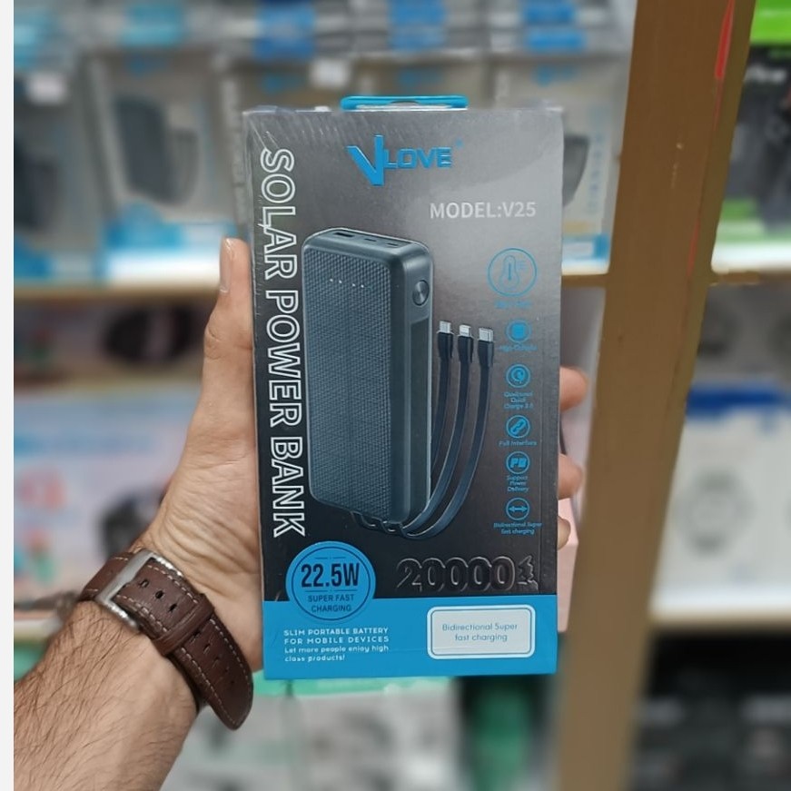 پاوربانک 20 هزار خورشیدی سوپرفست شارژ مدل VLOVE V25