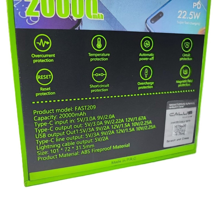 پاوربانک مینی 20 هزار میلی آمپر کالوس مدل CALUS FAST-209