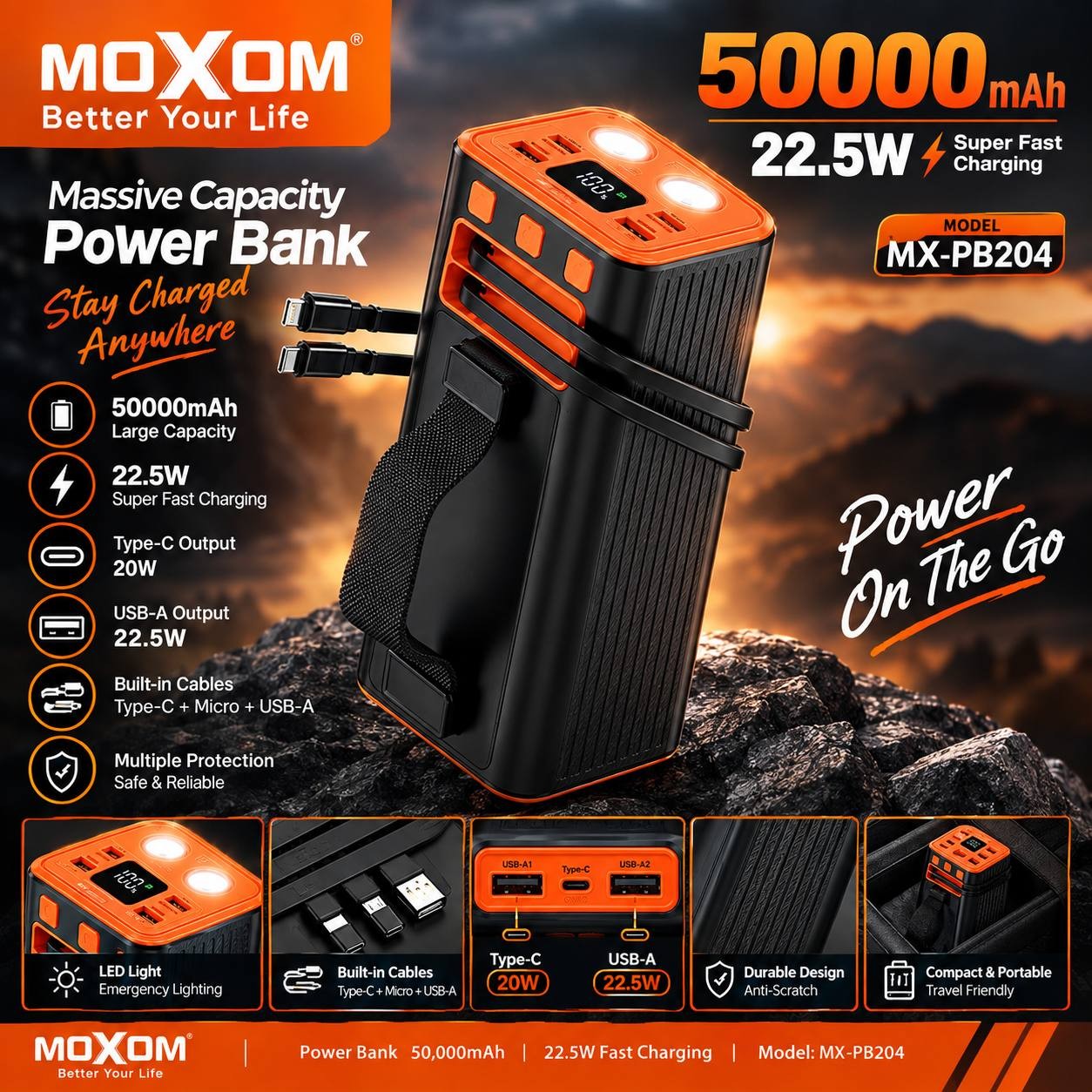 پاوربانک 50 هزار میلی آمپر موکسوم مدل MOXOM PB204