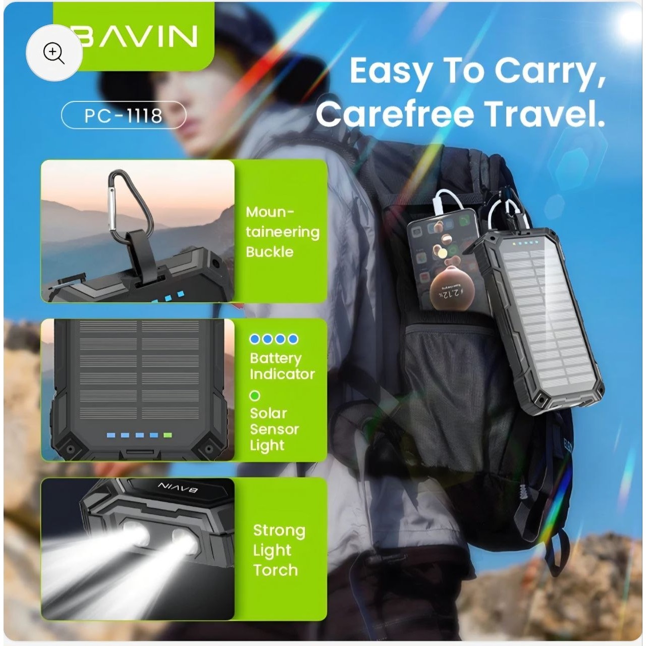 پاوربانک 20 هزار خورشیدی وایرلس شارژ 22.5 وات مدل BAVIN PC1118