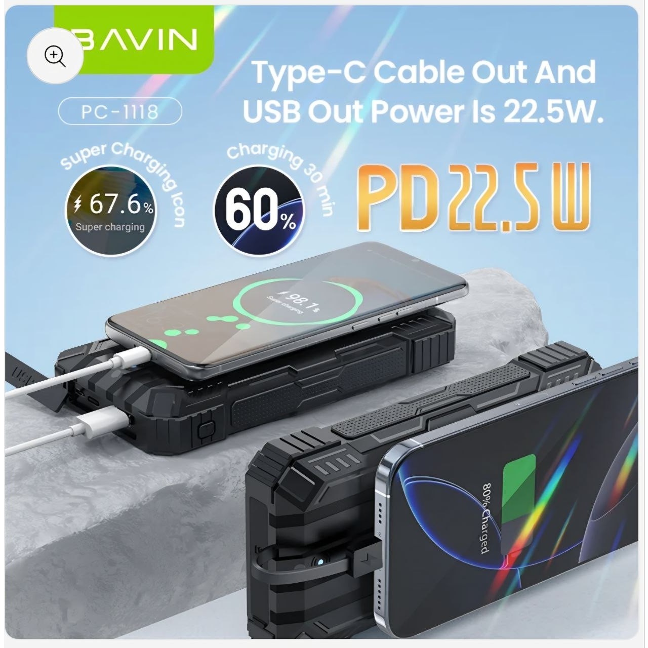 پاوربانک 20 هزار خورشیدی وایرلس شارژ 22.5 وات مدل BAVIN PC1118