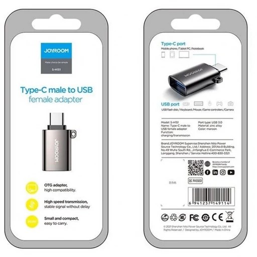 تبدیل او تی جی OTG تایپ سی به USB جویروم Joyroom S-H151،مناسب جهت اتصال کیبورد،موس،دسته بازی،فلش مموری و... (تبدیل otg)