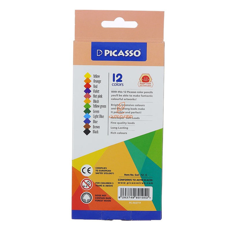 مداد رنگی 12 رنگ پیکاسو Picasso P.C.18J2719 دارای رنگهای زنده و شفاف،پر رنگ و نرم،مقاوم در برابر شکستگی (تخفیف ویژه)