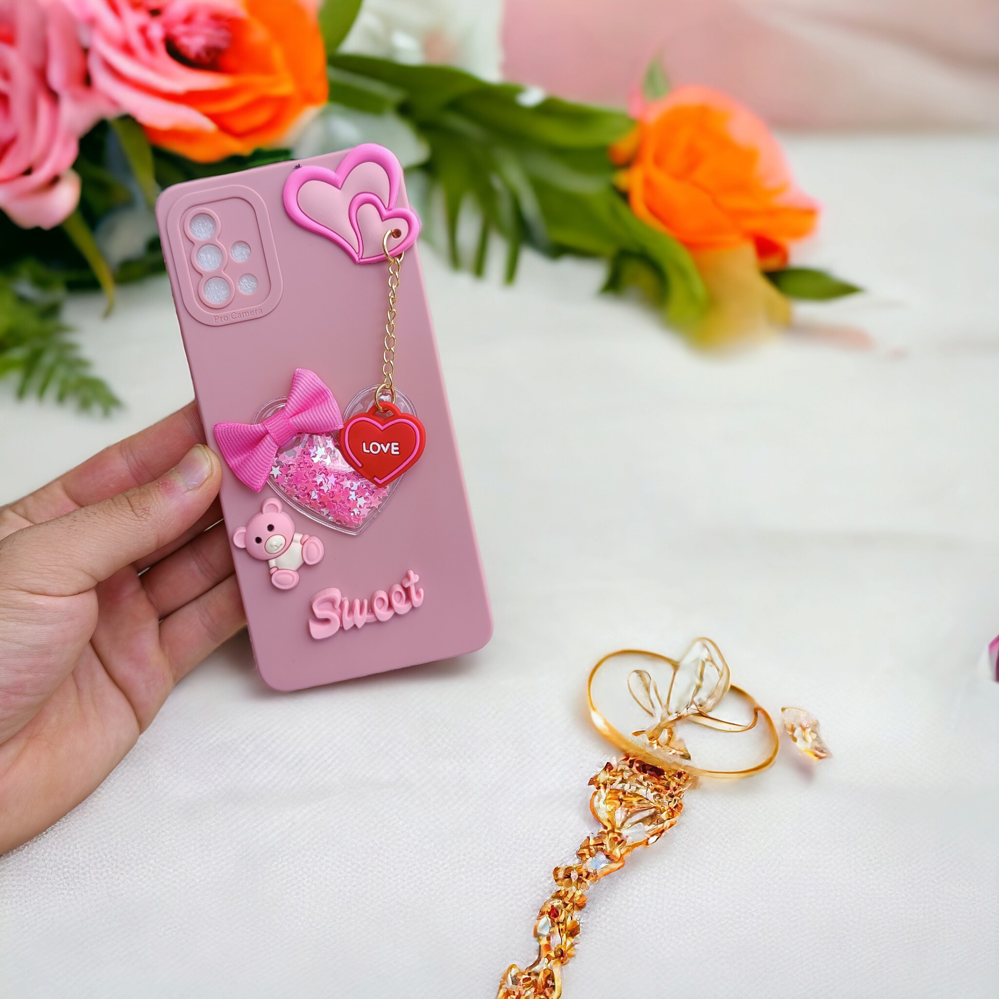 قاب گوشی فانتزی (Sweet) قلبی آویز دار برجسته مدل محافظ لنزدار مناسب برای Samsung Galaxy A51