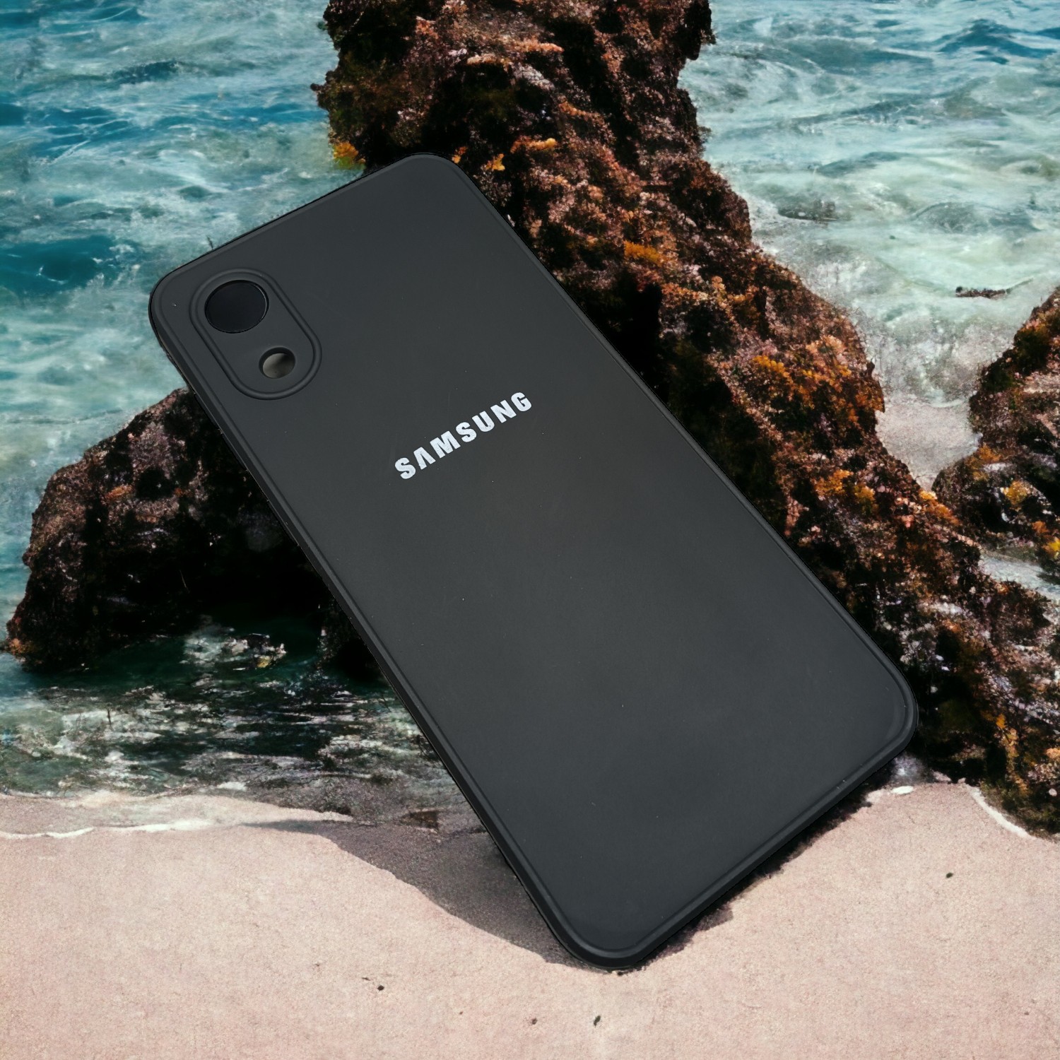 کاور ژله ای مشکی لوگودار محافظ لنز دار مناسب برای گوشی Samsung Galaxy A03 Core